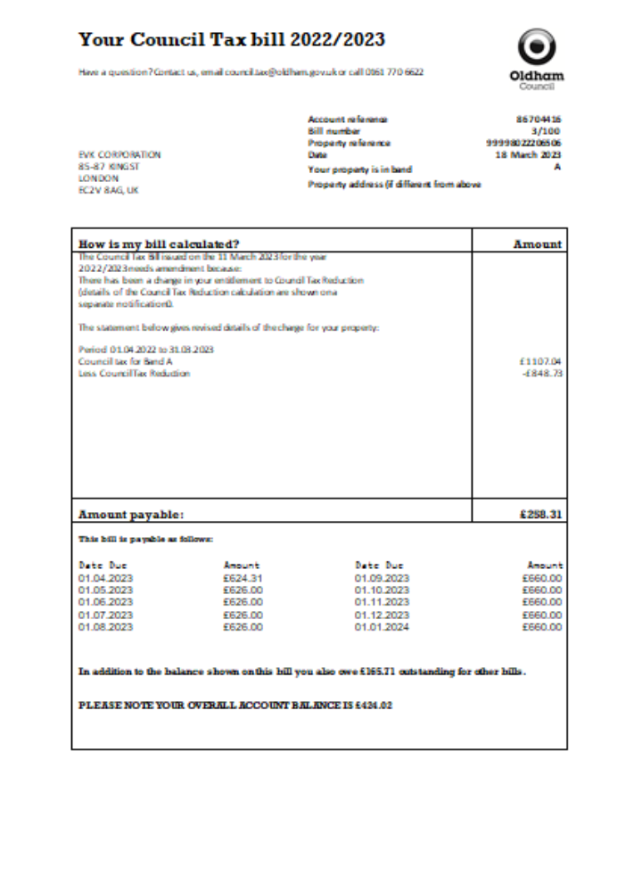 Oldham council tax business bill, SCR PSD template